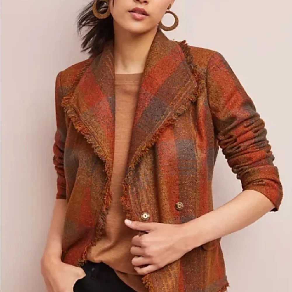 Anthropologie Cartonnier Plaid Preppy Brown Academia Fringed Tweed Blazer 14 - Picture 5 of 15